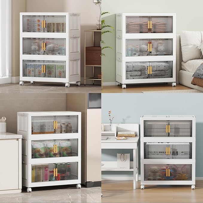 77Gal Stackable Plastic Storage Bins with Lids, Collapsible Closet Organizers and Storage with Wheels for Living Room,Office,Dorm, 30.5" W x 14.6" D x 40" H, 3 Tier
