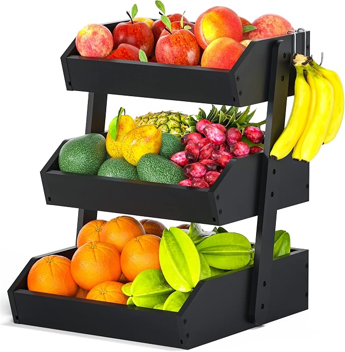 Gmtsl Bamboo Fruit Basket for Kitchen, Fruit Holder for Kitchen Countertop | 3 Tier Fruit bowl for Kitchen Counter, Fruit Stand, Vegetable Basket Storage, Produce Organizer, Bread Snack Display(BLACK)