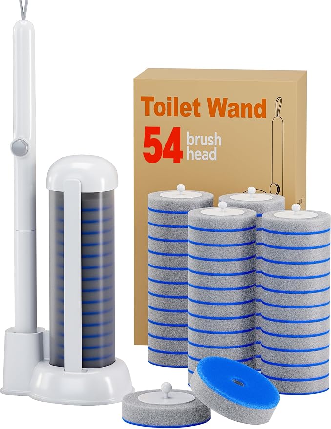 Ctime Disposable Toilet Brushes and Holder Set, 1 Pack with 54 Refills | Waterproof with Lid，Hands-Free Lid,New Wand Refills,One-Click Disposal,Pre-Loaded Cleaner,360° Rotating Head,Family pack