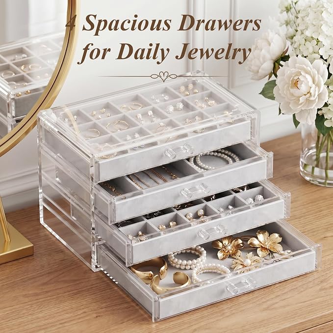 Clear Jewelry Organizer Earring Holder Organizer, Jewelry Box with 4 Drawers Clear Acrylic Stackable Earring Case with Adjustable Velvet Trays for Women and Girls, Grey