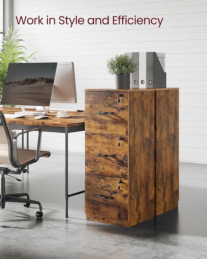 VASAGLE Custos Collection File Cabinet, 3 Drawer Filing Cabinet for Home Office, with Wheels, for A4, Letter Sized Documents, Hanging File Folders, Rustic Brown UOFC055K101S
