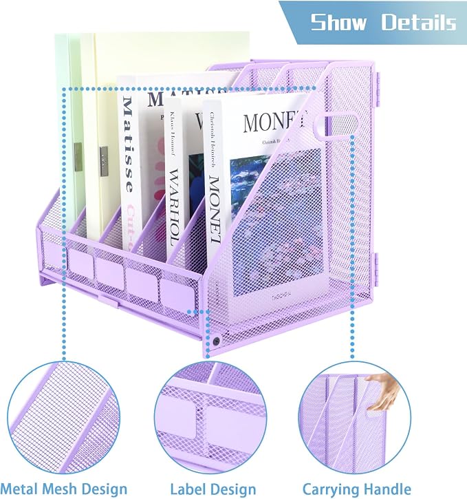 Desk Organizers Metal Magazine File Holder Racks Desktop Folder Storage Binder Organiser Document Organization for Home Office & Classroom,5 Vertical Compartments-Purple