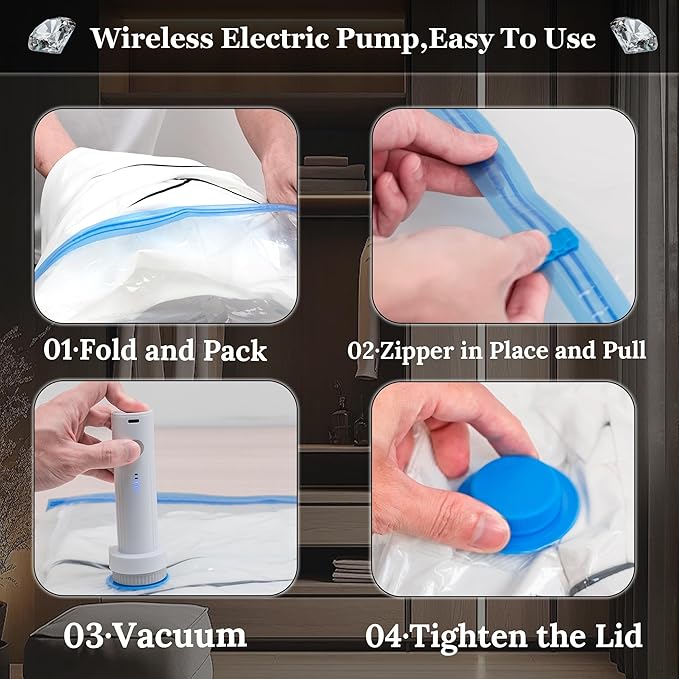 Vacuum Sealing Bags for Clothing Travel,Space Saver Vacuum Storage Bags with Wireless Air Pump (12 Combo Bags+Electric Pump)