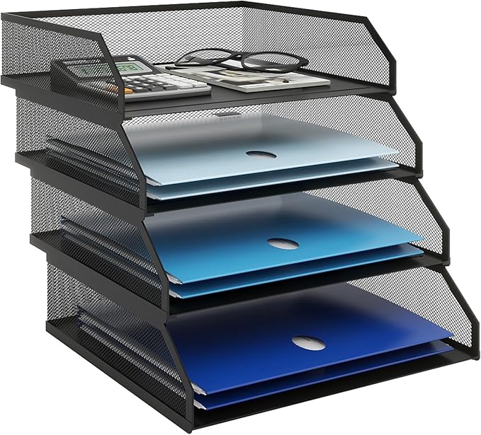 Natwind 4-Tier Stackable Paper Tray, Metal Mesh Desktop Organizer, A4 Paper Sorter, Letter Trays,File Folder Sorter Organizer with Sliding Tray for Home, Office, School (Black)