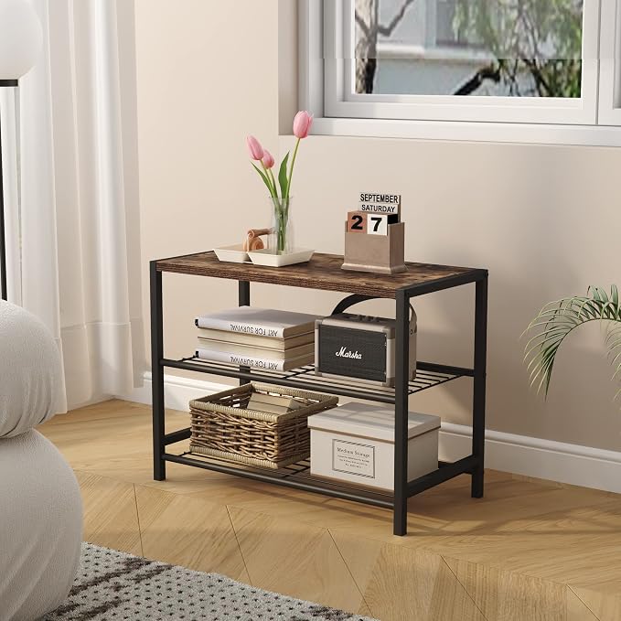 HOMEFORT 3-Tier Shoe Rack, Shoe Storage Shelf, Industrial Shoe Tower, Narrow Shoe Organizer for Closet Entryway, Small Shoe Rack Table with Durable Metal Shelves, Rustic Brown