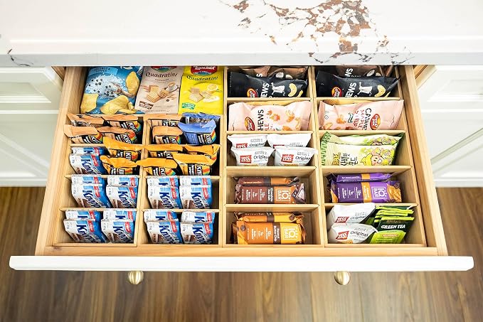 Umilife Large Bamboo Pantry Organizers and Storage Bins with Removable Dividers, Kitchen Drawer Cabinet Countertop Organization for Snack, Spice Packets, Teabags, Seasoning Pouches (2 Pack)