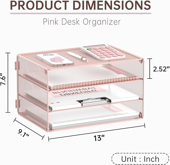 DALTACK 3 Tier Letter Tray Paper Organizer for Desk, Mesh Metal Desk File Organizer with Sliding Trays for Letter/A4 Paper, Mail, Bills & Folders, Pink