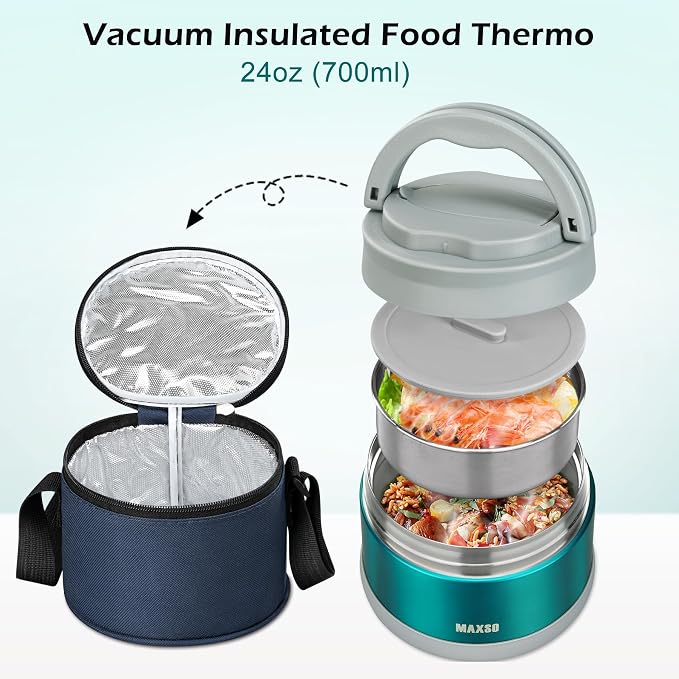 MAXSO Food Jar for Hot Food - 24 OZ Soup Thermo for Adults Vacuum Insulated Lunch Containers with Foldable Spoon & Thermal Bag, Wide Mouth Leakproof Bento Box - Green