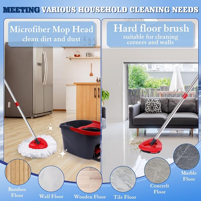 4 Pack Spin Mop Replacements Head Compatible with Ocedar EasyWring 1-Tank System,Microfiber Spin Mop Refills Head,1 Mop Scrub Brush + 1 Mop Base + 4 Pack Cleaning Floor Mop Head（White)