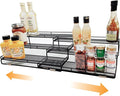 3 Tier Wide Expandable Cabinet Spice Rack Organizer (14.5" to 29.1") - Step Shelf with Protection Railing, Black | Wide, deep expandable spice rack for large spice jars, seasoning bottles, cans, and pantry organization.