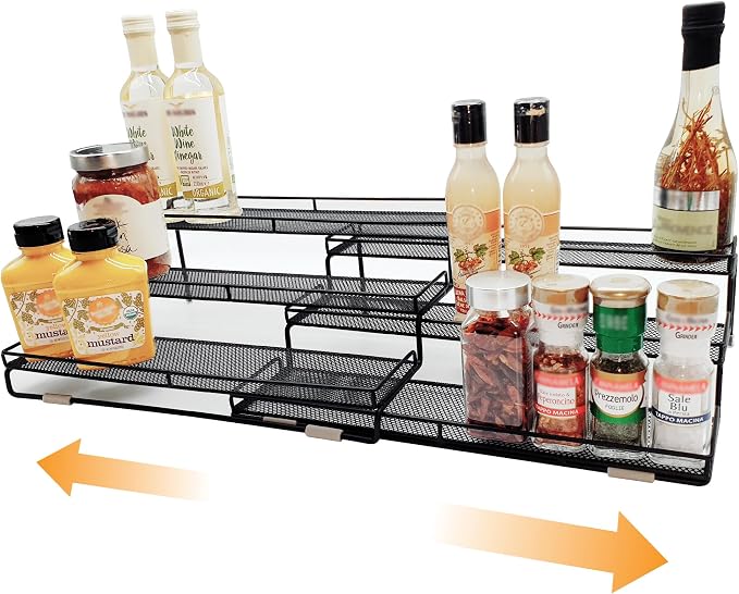 3 Tier Wide Expandable Cabinet Spice Rack Organizer (14.5" to 29.1") - Step Shelf with Protection Railing, Black | Wide, deep expandable spice rack for large spice jars, seasoning bottles, cans, and pantry organization.