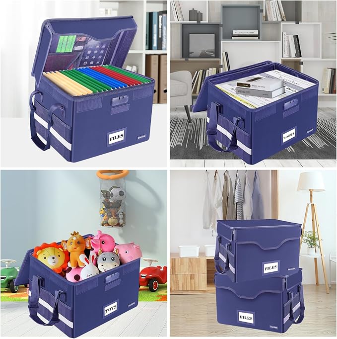 DocSafe Fireproof Document Box with Lock,File Storage Organizer with Pockets,Collapsible Portable File Box Home Office Safe Filing Cabinet with Handle for Hanging Letter/Legal Folders,Blue,2 Pack