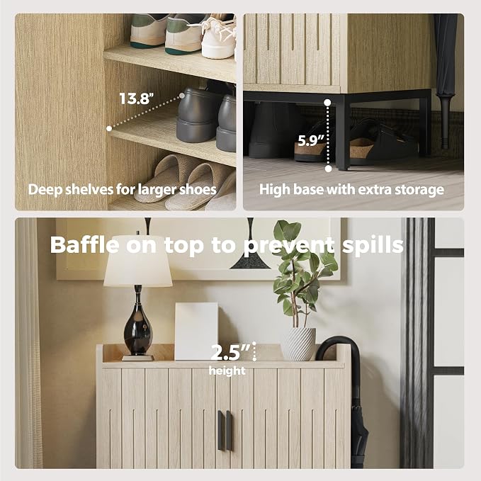 Mericonia Shoe Cabinet with Metal Legs, Farmhouse Large 5-Tier Shoe Storage Cabinet with Doors, Wooden Shoe Organizer for Entryway, Hallway (2 Door Shoe Cabinet, Oak-Modern)
