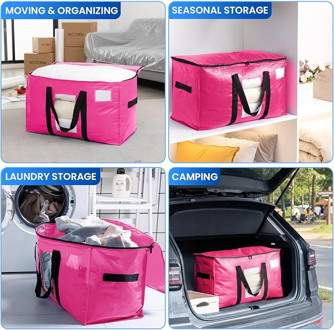 TAILI 4 Pack Pink Extra Large Moving Bags, Heavy Duty Totes with Visible Window, Wrap Around Handles, Great for Storage, Space-Saving