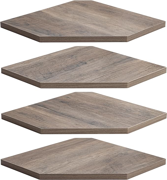 Fun Memories Corner Shelf Wall Mount, Corner Floating Shelves, Set of 4 Corner Wall Shelf Organizer, Rustic Wood Wall Storage Display Shelves for Living Room Bedroom Bathroom Kitchen, Rustic Grey