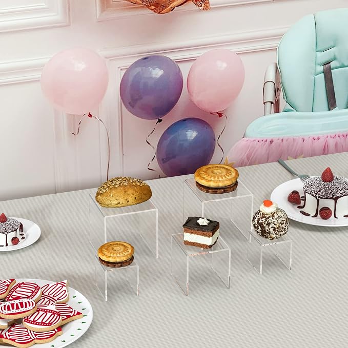 Sezanrpt Square Acrylic Shelf Risers 3pcs, Acrylic Dessert Table Display Set, Clear Acrylic Showcase Collectibles Display Shelf for Funko Pop, Cupcake, Toys, Watches, Table Decorations - 4''x5''x6''
