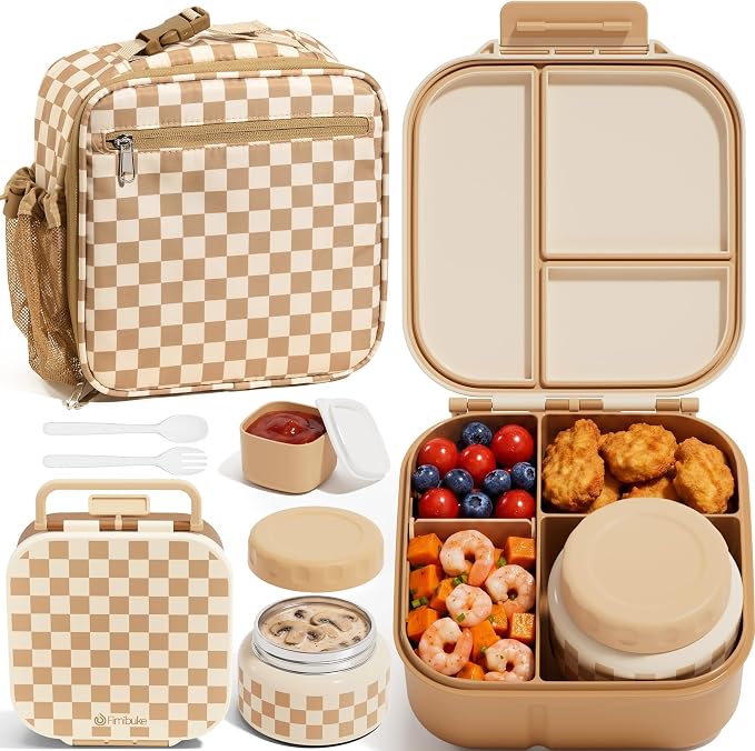 Fimibuke Kids Bento Lunch Box w/ 8.5oz Thermo Food Jar, Insulated Lunch Bag | Leak Proof 3-4 Compartments 60oz Toddler Lunch Food Container with Utensils, Sauce Cup for School Boys Girls, Dishwasher Safe