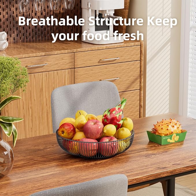 Simple Trending Round Metal Fruit Basket Bowl for Kitchen Counter - Rust-Proof, Non-Slip & Breathable Wire Organizer for Fruits, Veggies, Snacks, Black (11“ Diameter x 3.2” H)