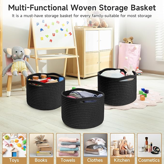 Small Rope Baskets for Storage, Baskets for Gifts Empty, Cute Round Woven Basket, Decorative Shelf Baskets 9.82×9.82×7.1", Cotton Toy Basket Storage Bins for Organizer-Black