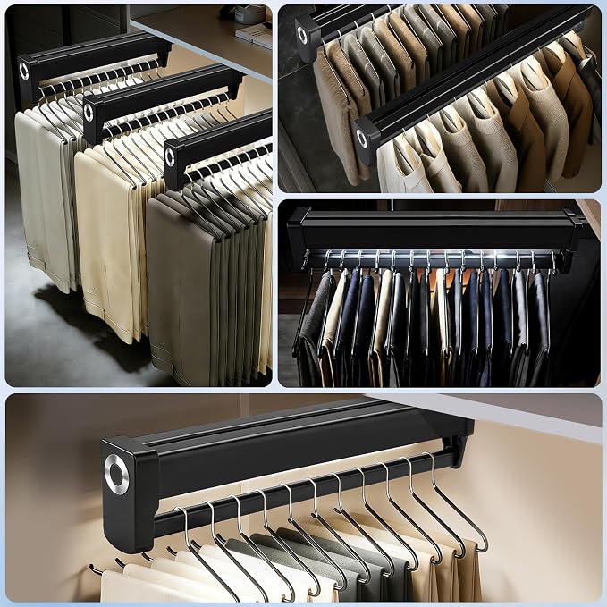 Pull Out Closet Valet Rods with LED Lighting, Slide Out Steel Pants Rack | Adjustable Heavy Duty Trouser Rack, Retractable Pants Hangers Top Mounted with Built-in Lithium Battery (450mm/17.7inch)