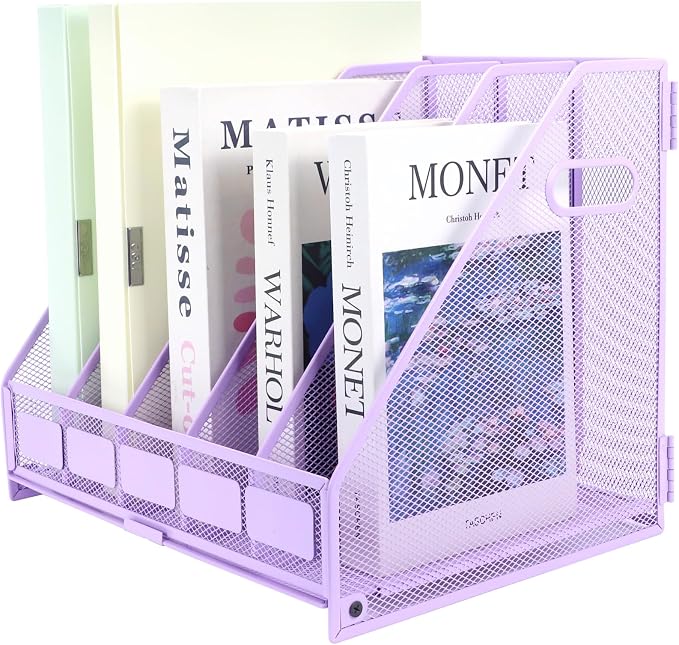 Desk Organizers Metal Magazine File Holder Racks Desktop Folder Storage Binder Organiser Document Organization for Home Office & Classroom,5 Vertical Compartments-Purple