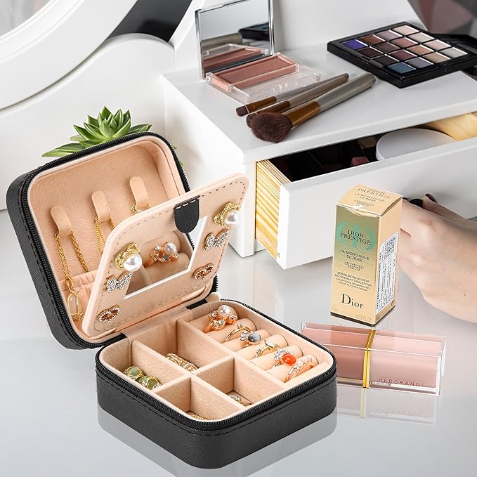 Neveika Jewelry Box with Mirror,Small Jewelry Organizer Box，Travel Jewelry Case for Women，Gift Jewelry Boxes for Female Girls (4pcs mirror black)