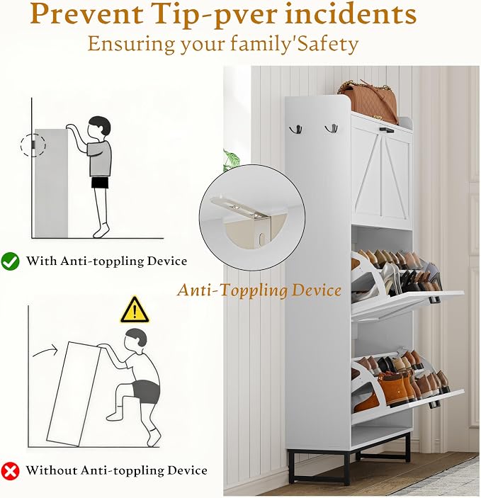 Wodeer Shoe Cabinet Storage for Entryway, Shoe Storage Cabinet with 3 Flip Drawers, Freestanding Narrow Shoe Rack Organizer with Metal Legs & Side Hook for Foyer, Hallway, White
