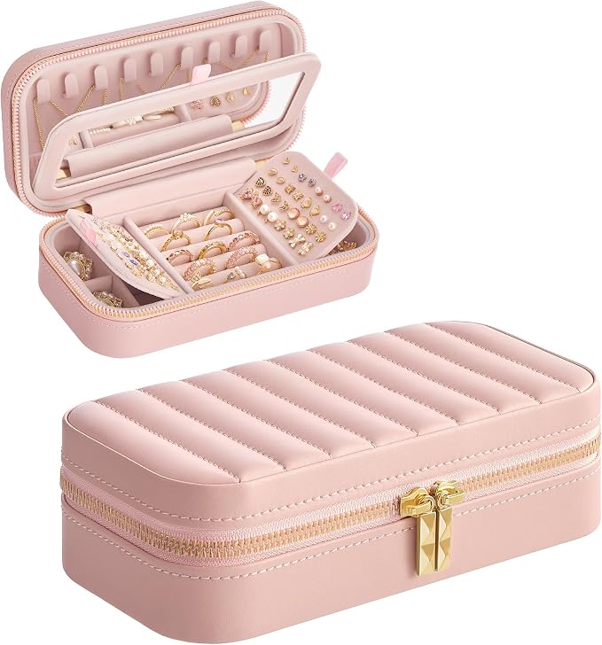 SONGMICS HOME Travel Jewelry Case with Mirror, Stitching, Portable | Jewelry box organizer, 4.1 x 8 x 2.4 Inches, Gift Idea, Jelly Pink, UJBC180S01