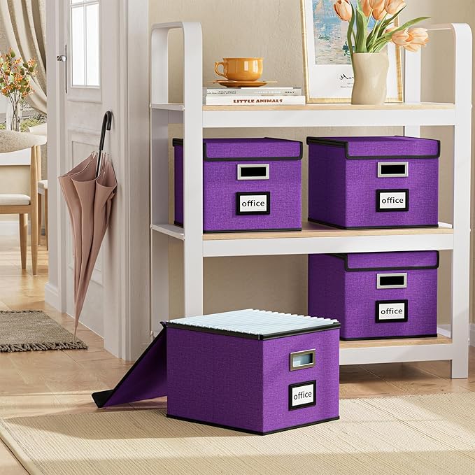 Huolewa Upgraded File Organizer Boxes with Lids, Linen Hanging Filing & Storage Boxes with Plastic Slides for Office/Decor/Hom, Universal Hanging Filing Organization Boxes for Letter/Legal Folder