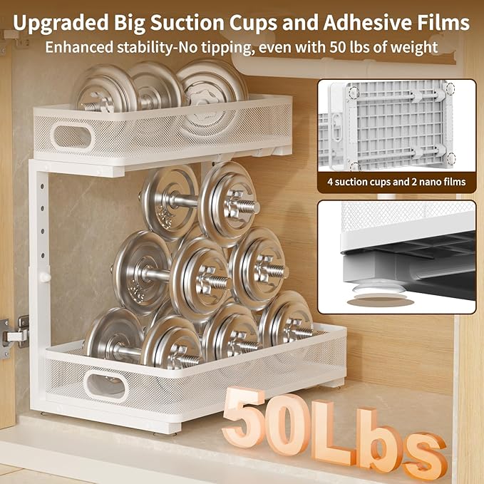 Under Sink Organizer 2 Pack, 2-Tier Slide Out Cabinet Organizer with Metal Sliding Drawer and Hooks, Pull Out Storage Baskets for Kitchen Bathroom Pantry Cabinet Organization (White)