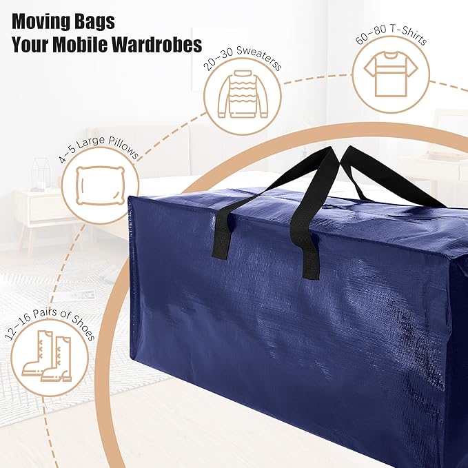 NATURELUX Heavy Duty Moving Bags with Backpack Straps and Strong Handles, Alternative to Moving Boxes and Storage Totes for Dorm Room Essentials, 12 Pack, Blue