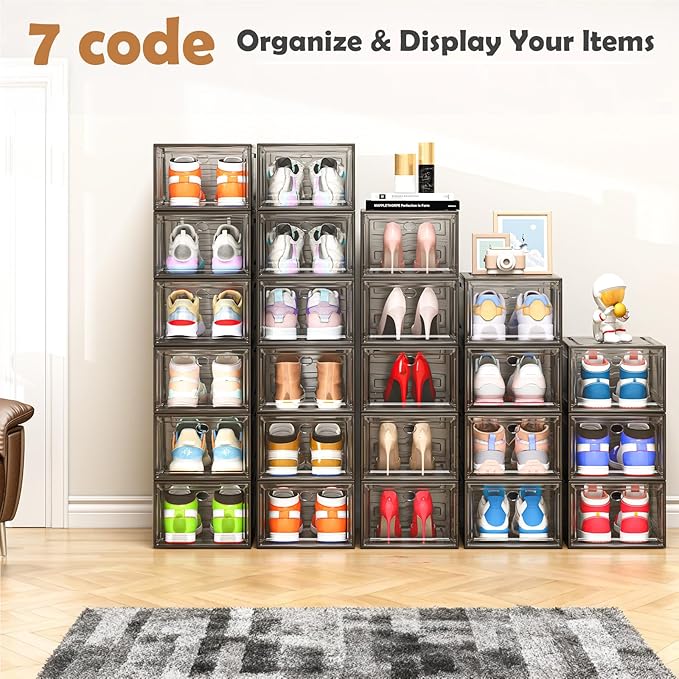 12 Pack Clear Shoe Storage Organizer with Magnetic Door, Stackable Plastic Shoe Boxes for Sneakers, Boots, and Heels, Space-Saving Foldable Shoe Rack for Closet, Durable Shoe Cabinet Organizer, Black