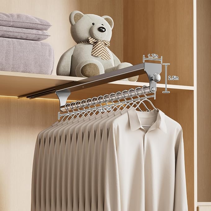 Pull Out Closet Rod, 15.7inch Heavy Duty Pants Rack, Adjustable Clothes Hanger Rail, Space Aluminum Valet Rod, Top Mounted Wardrobe Clothes Organizer, Closet Storage for Trousers Coats Gray