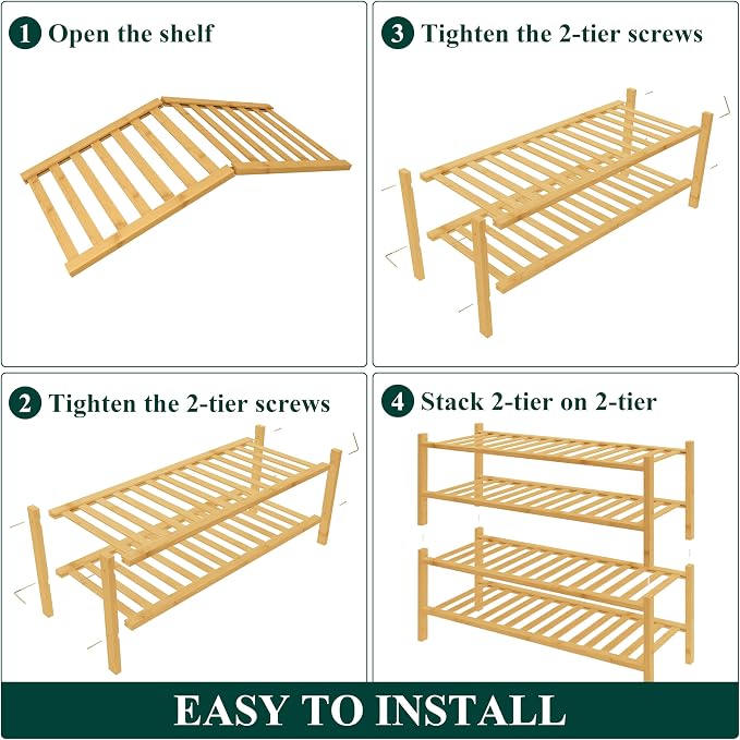 Smiry Bamboo Shoe Rack for Closet, 4 Tier Wooden Shoe Organizer, Stackable Wood Shoe Storage Shelf for Entryway, 14 Vertical Slats, 2+2 Stack Heavy-Duty Legs, 26.77"x11.02"x25.98", Natural & White