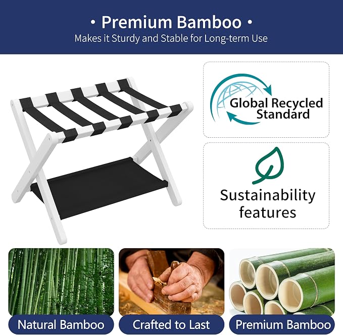 Heybly Luggage Rack for Guest Room, Folding Luggage Stand & Suitcase Holder, Suitcase Stand, Heavy Duty Wooden Luggage Rack with Double Shelf for Hotel & Bedroom, 5 Heavy Duty Straps, White HLR012W1