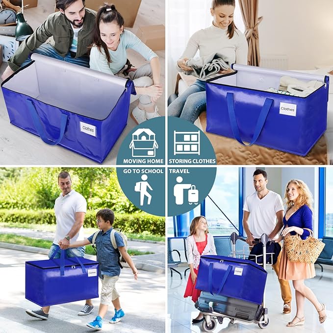 HomeHacks Moving Bags Heavy Duty with Strong Zippers and Handles Collapsible Moving Supplies, Storage Totes for Packing & Moving Storing 93L,4-Pack, Blue