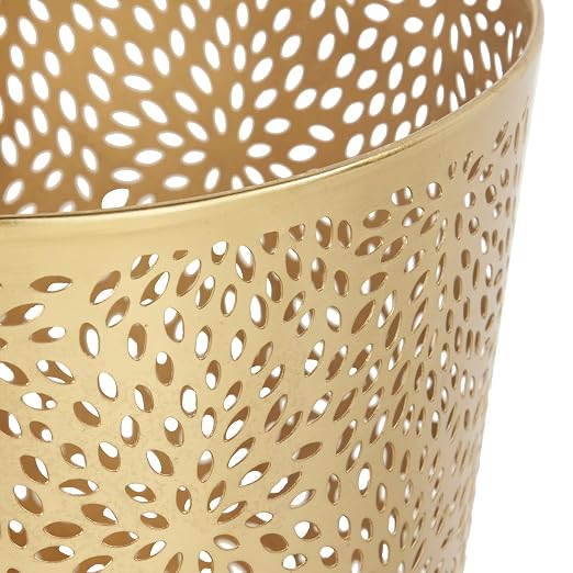 CosmoLiving by Cosmopolitan Metal Small Waste Bin with Laser Carved Floral Design, 9" x 9" x 10", Gold | Office Bathroom Floral Waste Basket With Laser Carved Design Office Wastebasket Waste Bin