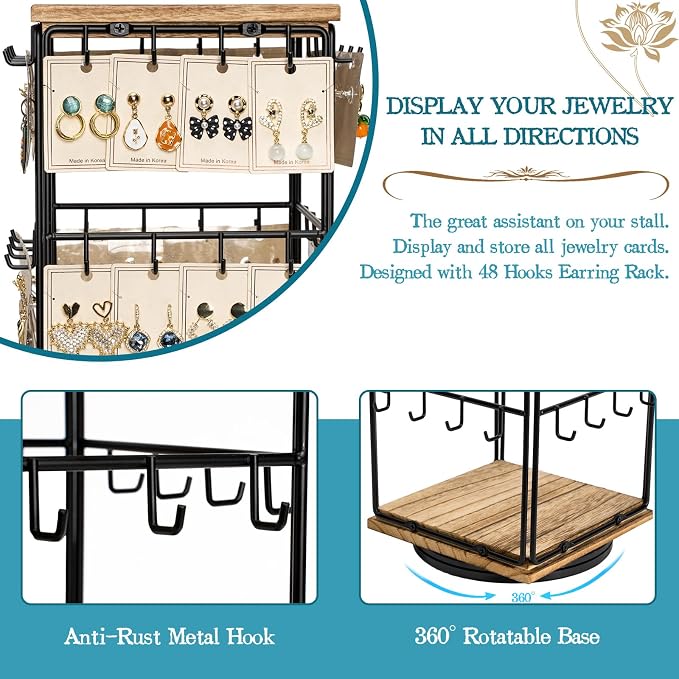 360 Rotating Earring Display Stands for Selling, Earring Rack Display Holder Stand, Jewelry Display for Vendors Selling Earring Cards, Necklaces, Bracelets, Hair Accessories (48 Hooks)
