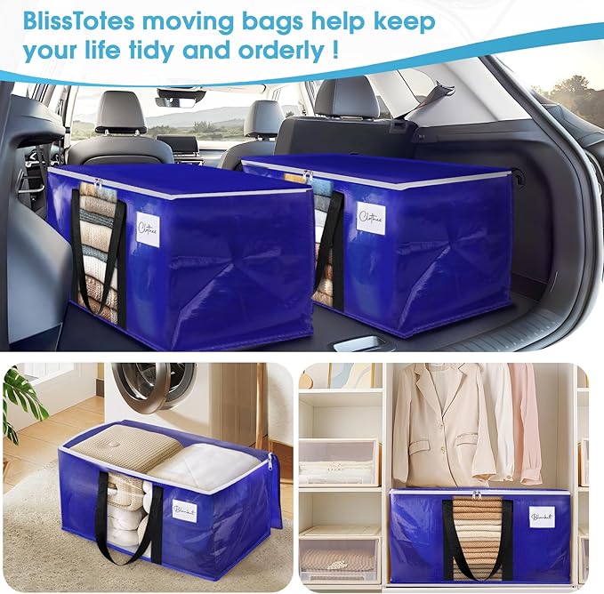 BlissTotes 2 Pack Moving Bags with Clear Window, Storage Bags with Strong Carrying Handles & Zippers,Large Packing Bags for Saving Space, Alternative to Moving Boxes(Blue,24 Gallon)