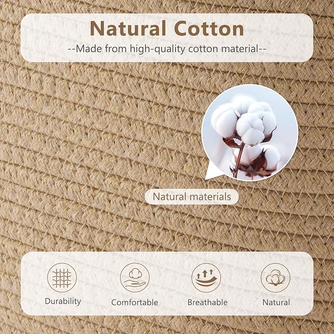 ECDYQXVU 15x10x9 Woven Cotton Rope Storage Basket, Leather Handles 3 Pack | Foldable Design, Sturdy PU Handles, Easy to Clean Organizer for Living Room, Closet, Shelves, Bedroom, Laundry, Clothes