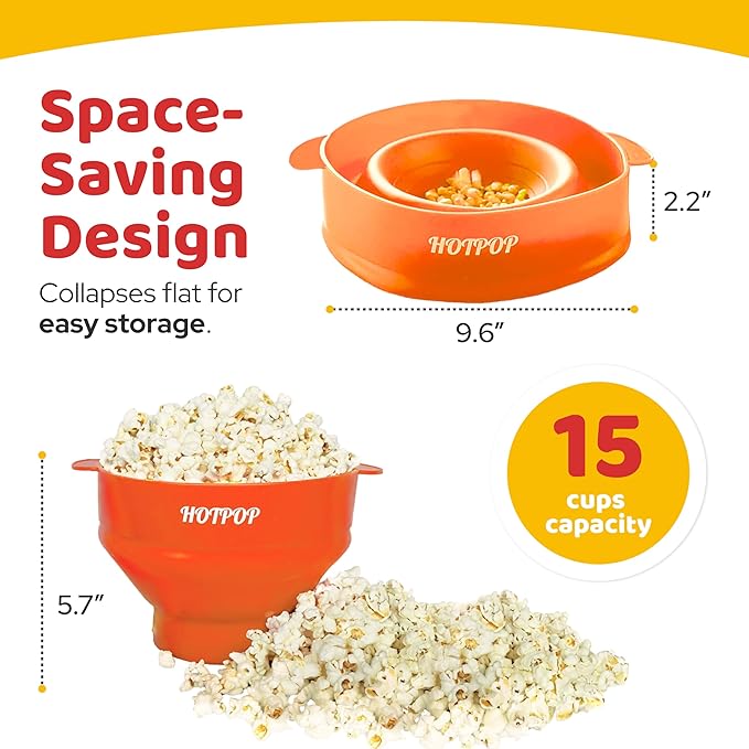 The Original Hotpop Microwave Popcorn Popper, Silicone Popcorn Maker, Collapsible Bowl BPA-Free and Dishwasher Safe- 20 Colors Available (Orange)
