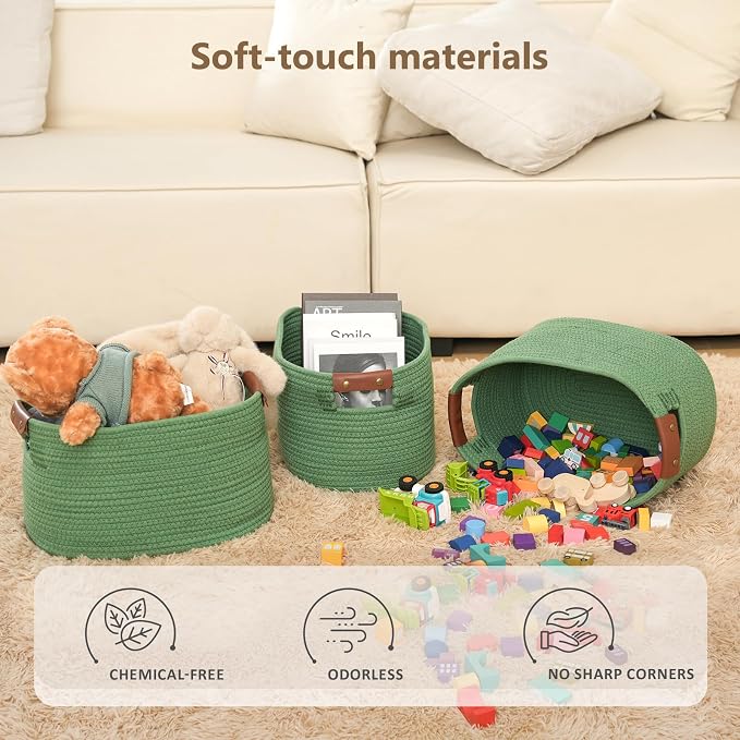 ECDYQXVU 15x10x9 Woven Cotton Rope Storage Basket, Leather Handles 1 Pack | Foldable Design, Sturdy PU Handles, Easy to Clean Organizer for Living Room, Closet, Shelves, Bedroom, Laundry, Clothes