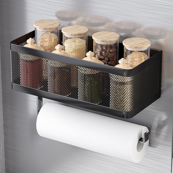 Magnetic Spice Rack for Refrigerator with Magnet Paper Towel Holder, Heavy-Duty Magnetic Shelf for Fridge, 2-in-1 Organization Shelf Sets for Kitchen, Washing Machine & Fridge Side, Black