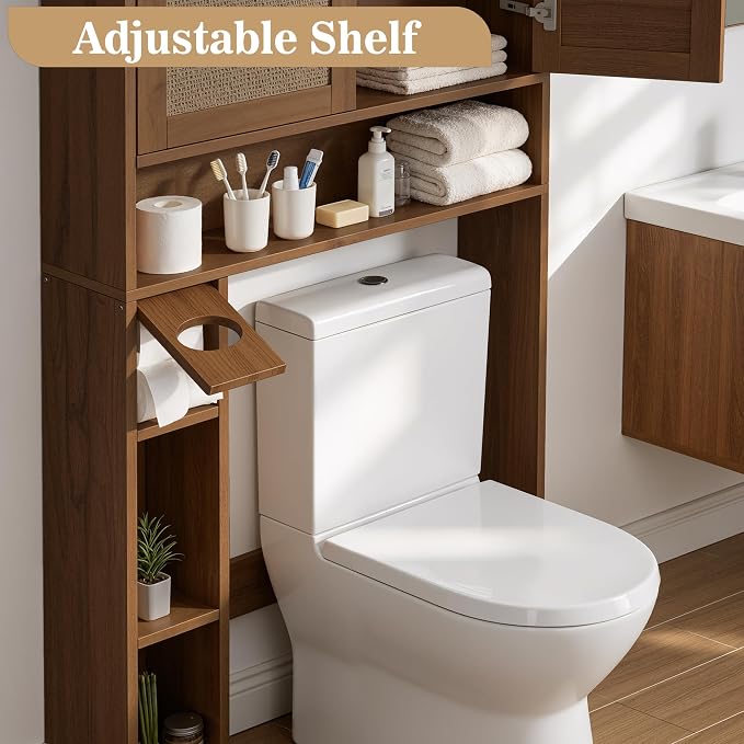 Over The Toilet Storage Cabinet Bathroom Shelf Over Toilet Bathroom Organizer Space Saver Rack with Adjustable Shelf (Chocolate, Rattan Style)