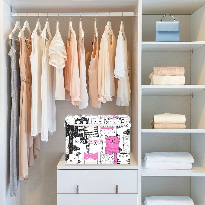 CaTaKu Large Fabric Storage Bins With Lids, Cute Pink Cat Storage Boxes With Handles for Organizing Clothes, Collapsible Storage Cube Bins for Shelve