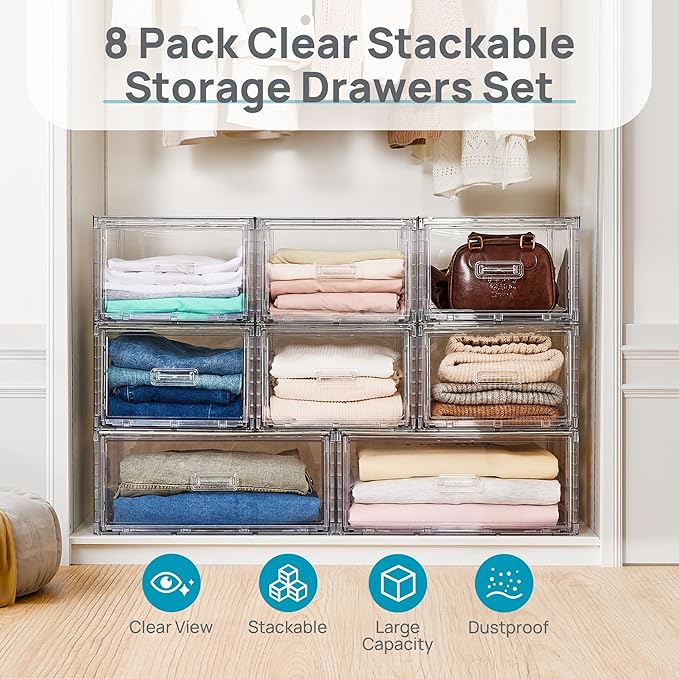 Vtopmart 8 Pack Large & Medium Stackable Storage Drawers Set | Easy Assembly Clear Plastic Storage Cabinet, Durable Dresser for Closet, Bedroom, Entryway, Playroom & Apartment Organization