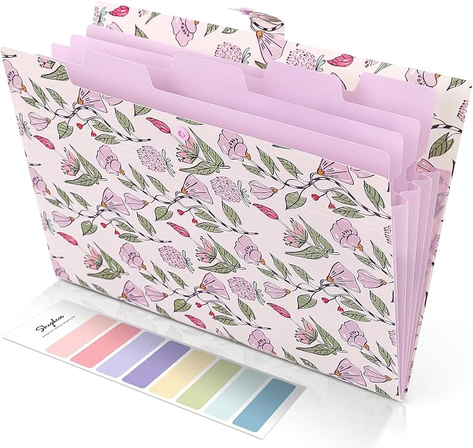 SKYDUE Accordion File Organizer, Floral Expanding File Folders with 5 Pockets, Cute Document Organizer for Paper Bills Receipt Storage, School Office & Hospital Supplies Letter/A4 Size Light Purple
