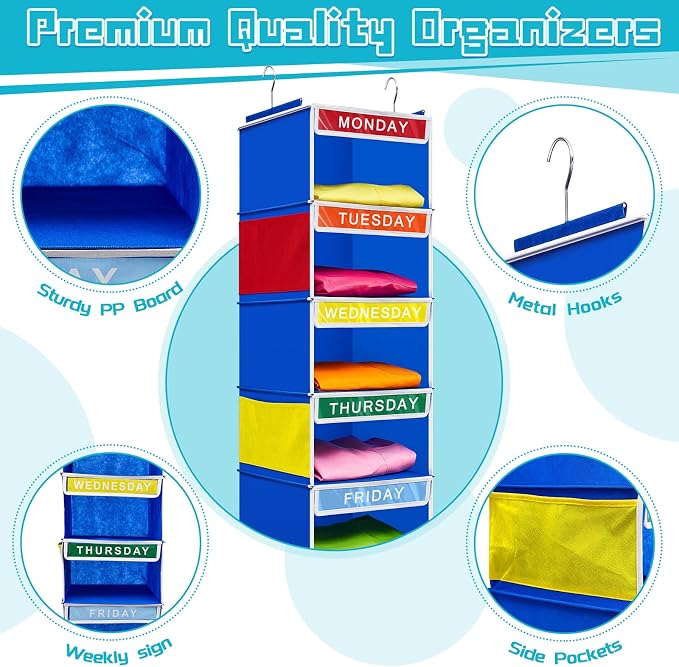 Amylove 2 Pcs 7 Shelf Weekly Clothes Organizer for Kids Hanging Closet Organizer 11. 8 x 11. 8 x 50 Inches Daily Activity Kids Clothes Storage Drawers Cube Drawers Closet Hanging Shelves(Blue)
