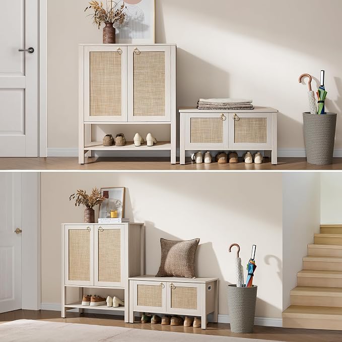 SICOTAS Rattan Shoe Cabinet with Storage - 5 Tier Farmhouse Boho Shoe Organizer Storage Cabinet with Shelves & Doors, Tall Shoe Rack Cabinet for Entryway, Living Room, Closet (White Cream Oak)