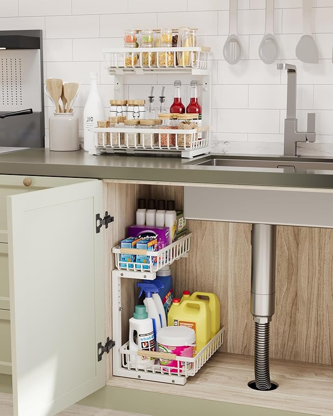 Under Sink Organizer Storage for Families: Pull Out Storage Undersink Organizers Drawer Cabinet - Sliding 2 Tier Rack Metal Organization Under Counter Kitchen Bathroom for Homemakers(White,1 Pack)